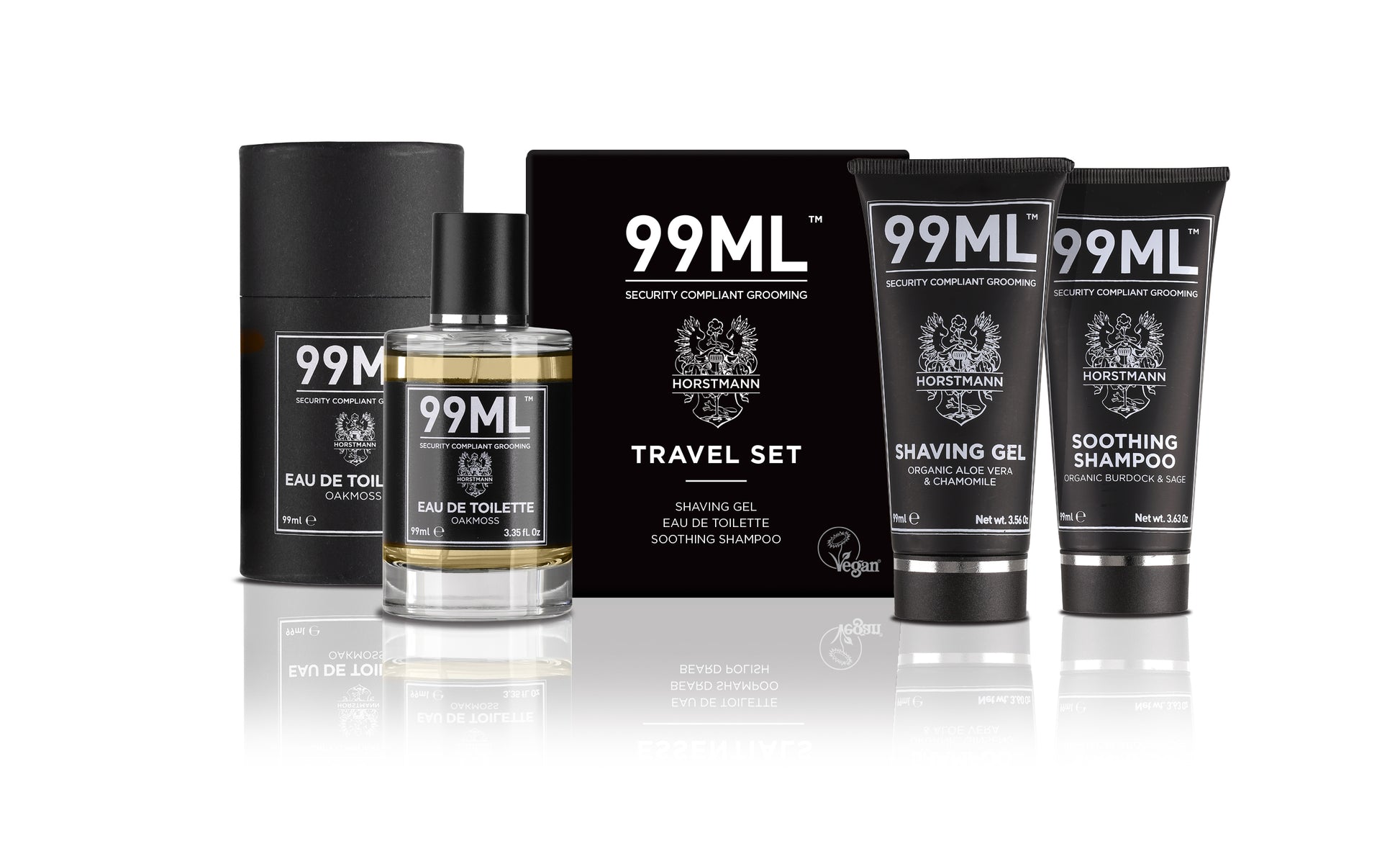 99ML travel set featuring TSA-approved shaving gel, normal shampoo, and eau de toilette, designed for eco-conscious men on the go